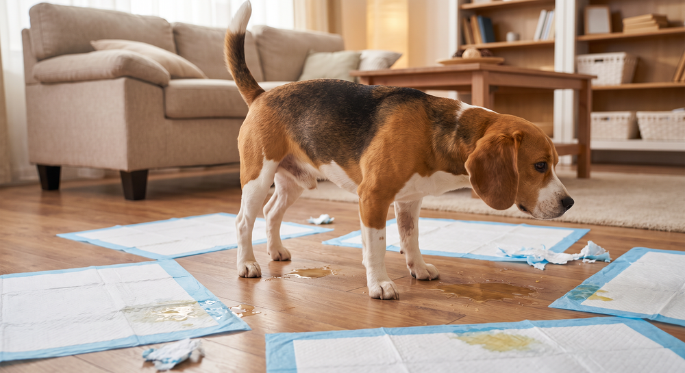 A dog next to a missed disposable pad