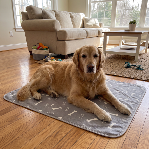 Senior dog resting on pad, 3:4