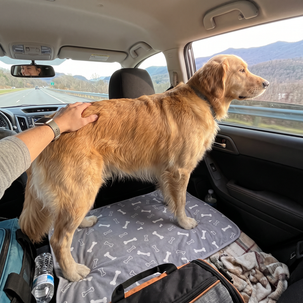 Dog travelling with pad in crate, 1:1