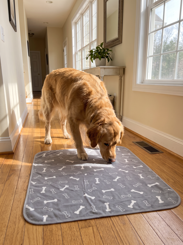 Puppy and pad in a sunlit hallway, 3:4
